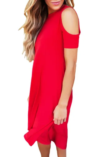 Red Cold Shoulder Short Sleeve High Low Dress