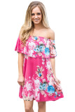 Ruffle Off Shoulder Rosy Floral Mini Dress