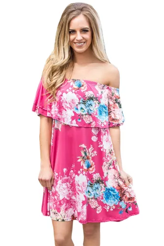 Ruffle Off Shoulder Rosy Floral Mini Dress