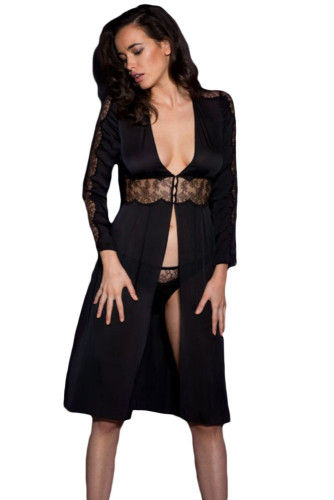 Black Lace Trim Silky Chiffon Gown with Thong