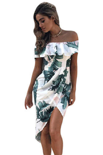 Tropical Palm Leaf Ruffle Off Shoulder Wrap Boho Dress