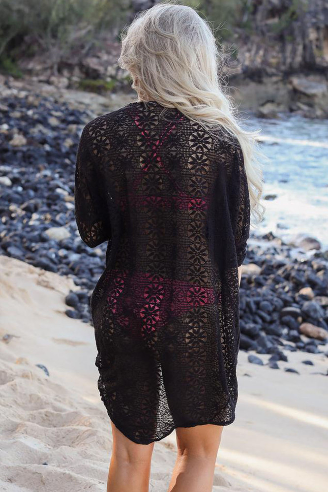Sexy Sheer Black Lace Kimono Beachwear