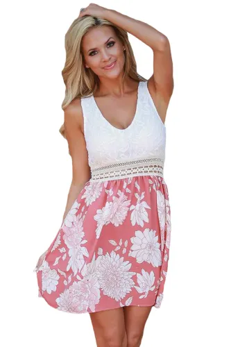 Lace Tank Pink Floral Print Skirt Skater Dress