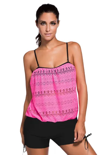 Pink Lace Overly Black 2pcs Bandeau Tankini Swimsuit