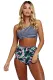 Navy Striped Crop Top and Leaf Print High Waist Swimsuit