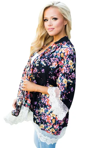 Crochet Lace Detail Floral All Over Kimono
