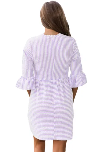 Purple White Stripe Flounce Sleeve Seersucker Dress