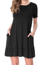 Black Short Sleeve Draped Hemline Casual Shirt Dress