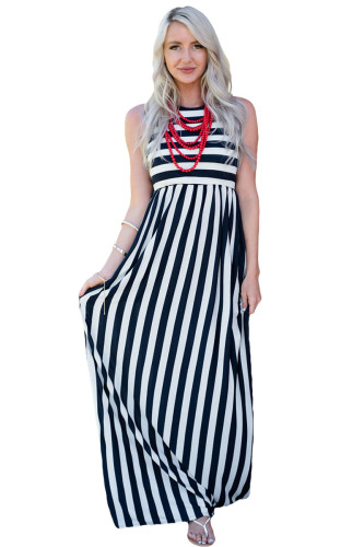 Black White Stripes Sleeveless Maxi Dress
