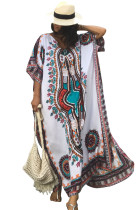 White Ethnic Print Kaftan Maxi Dress