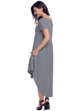 Grey Short Sleeve High Low Pleated Casual Swing Dress