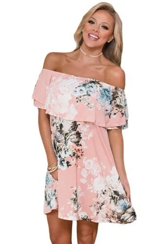 Ruffle Off Shoulder Peachy Floral Mini Dress