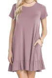 Grape Purple Short Sleeve Draped Hemline Casual Shirt Dress