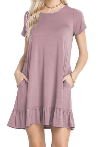 Grape Purple Short Sleeve Draped Hemline Casual Shirt Dress