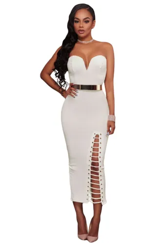 White Sexy Strapless V-neck Side Slits Tube Midi Dress