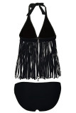 Black 2pcs Fringe Halter Bikini Swimsuit