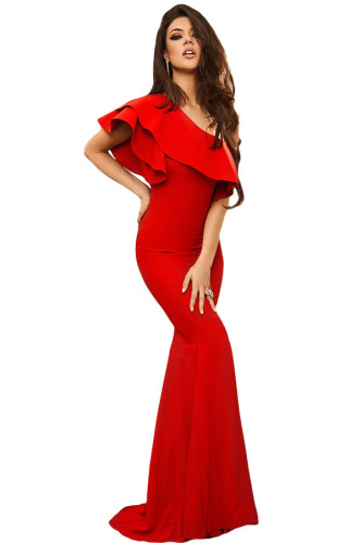 Red Ruffle One Shoulder Elegant Mermaid Dress