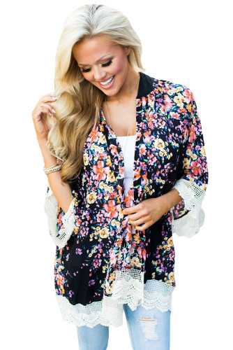 Crochet Lace Detail Floral All Over Kimono