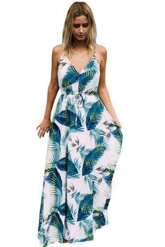 Turquoise Tropical Leaf Print Sexy V Neck Maxi Dress