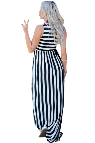 Black White Stripes Sleeveless Maxi Dress