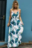 Turquoise Tropical Leaf Print Sexy V Neck Maxi Dress