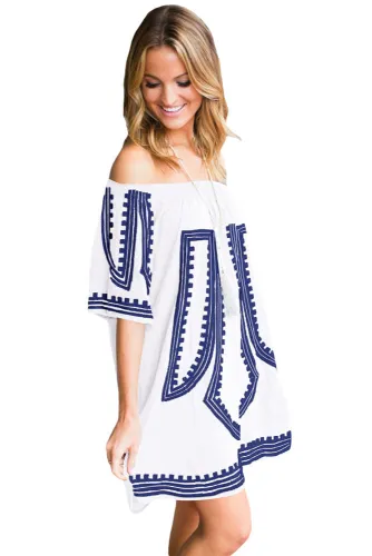 White Bohemian Vibe Geometric Print Off The Shoulder Beach Dress