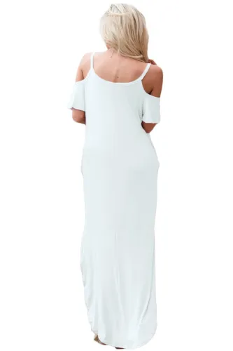 White Sassy Open Shoulder Maxi Dress