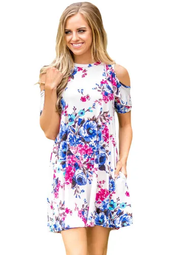 Ruffled Cold Shoulder White Floral Dress