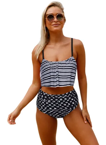 Glowing Top and Striped Bottom High Waist Swimwear