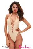 Fleshcolor Lace up High Cut Low Back Teddy