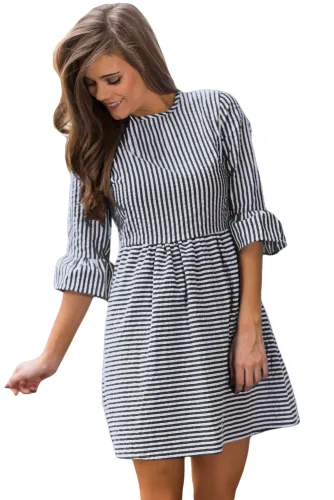 Black White Stripe Flounce Sleeve Seersucker Dress