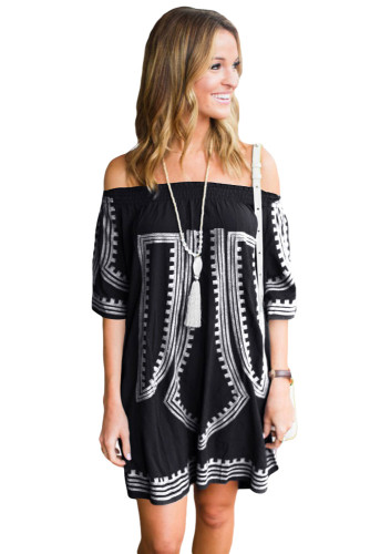 Black Bohemian Vibe Geometric Print Off The Shoulder Beach Dress