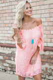 Pink Off The Shoulder 3/4 Sleeve Floral Lace Dress