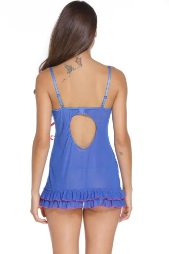Blue Sexy Night Lace Cup Babydoll with Slit