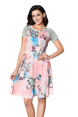 Pink Backdrop Floral Print A-line Loose T-shirt Dress