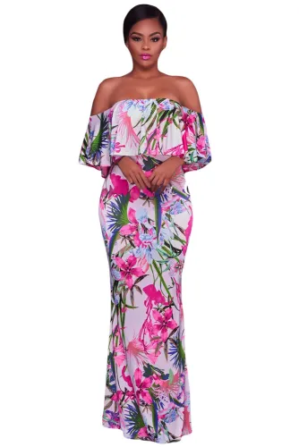 White Pink Floral Print Off Shoulder Maxi Boho Dress