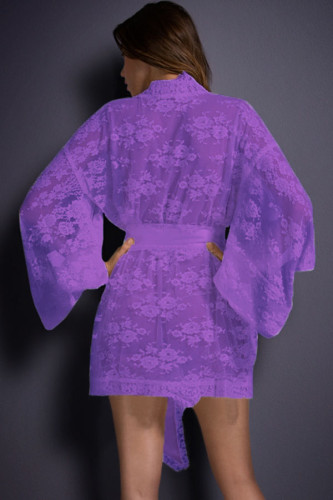 Purple Belted Lace Kimono Nightwear