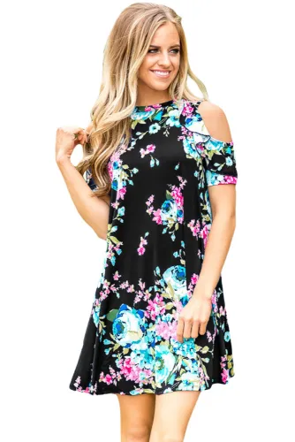 Ruffled Cold Shoulder Black Floral Dress