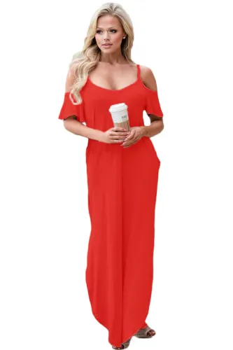 Red Sassy Open Shoulder Maxi Dress