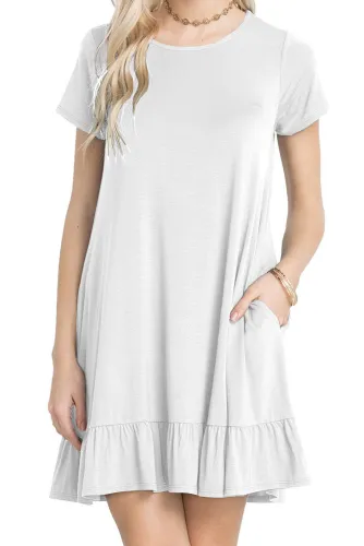 White Short Sleeve Draped Hemline Casual Shirt Dress