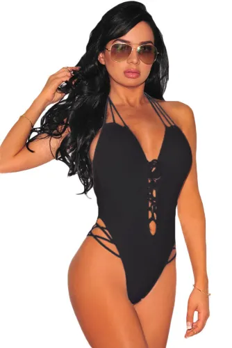 Black Lace up High Cut Low Back Teddy