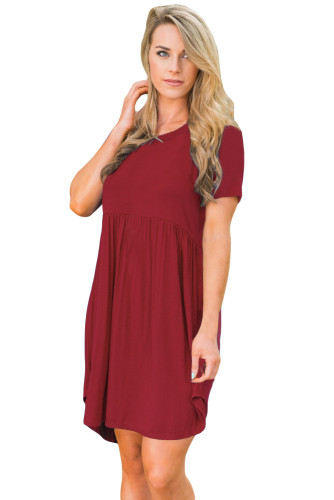 Wine Short Sleeve Pullover Babydoll Style Casual Dress