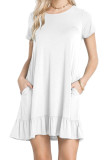 White Short Sleeve Draped Hemline Casual Shirt Dress