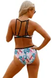 2pcs Floral Strappy High Neck Bathing Suit