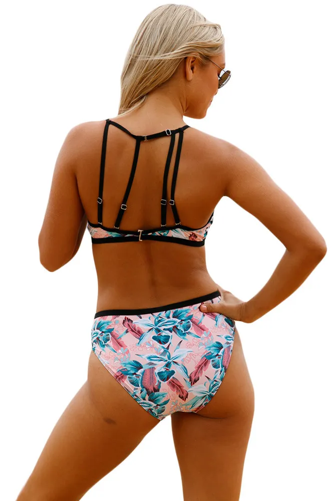 2pcs Floral Strappy High Neck Bathing Suit