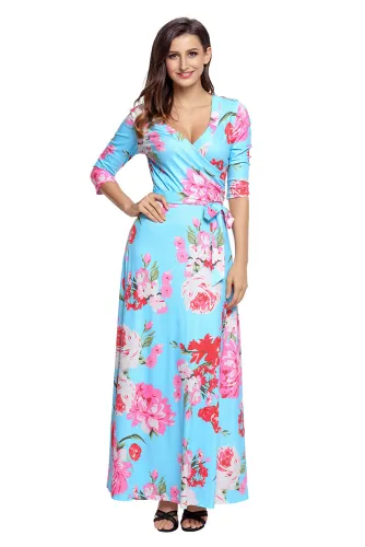 Cyan Floral Print Wrapped Long Boho Dress