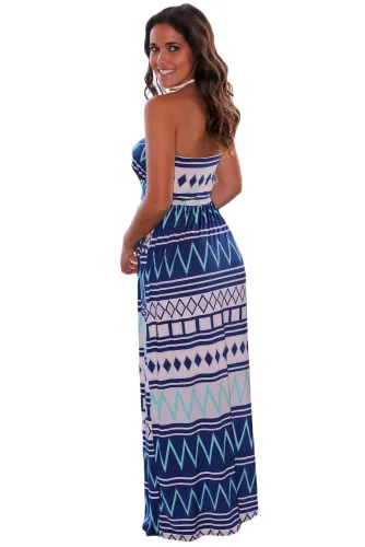 Navy Geometric Strapless Maxi Dress with Pockets