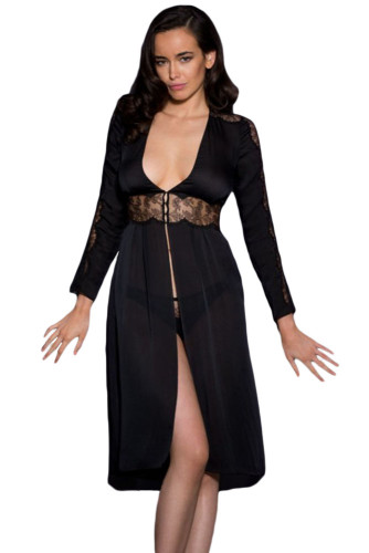Black Lace Trim Silky Chiffon Gown with Thong
