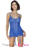 Royal Blue Lace Me up Garter Chemise Set with G-String