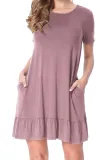 Grape Purple Short Sleeve Draped Hemline Casual Shirt Dress